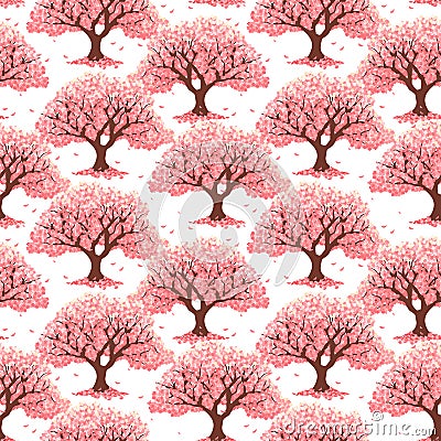 Pink cherry blossom tree or cherry tree background. Japanese sakura pattern background. Asian spring floral tree pattern. Vector Illustration