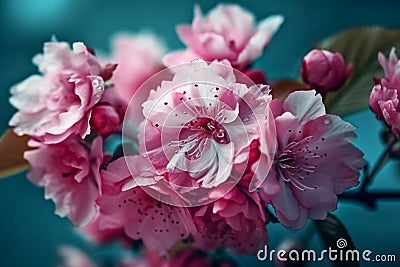 Pink cherry blossoms on a branch. Delicate Macro shot of almond blossom or sakura close up. Spring flowers of cherries Stock Photo