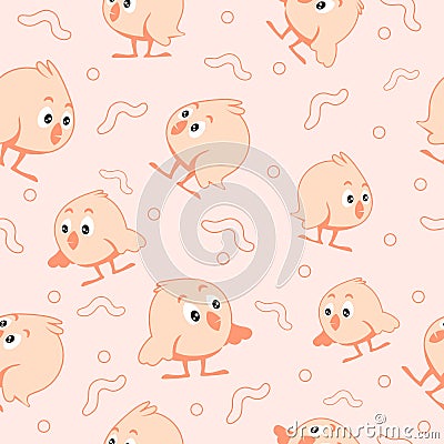 Pink chicken with worm seamless pattern. Little hen with tuft in surprise shows wing to creeping insect. Vector Illustration