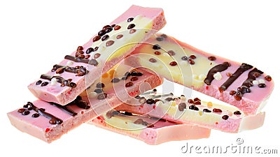 Pink chocolate with strawberries and popped rice isolated Stock Photo