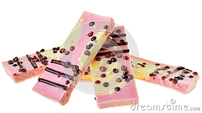 Pink chocolate with strawberries and popped rice isolated Stock Photo