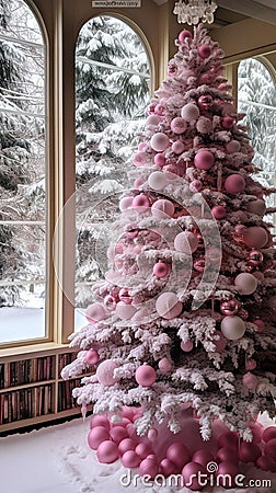 A pink christmas tree all decorated front of a cabin covered in snow, AI Stock Photo