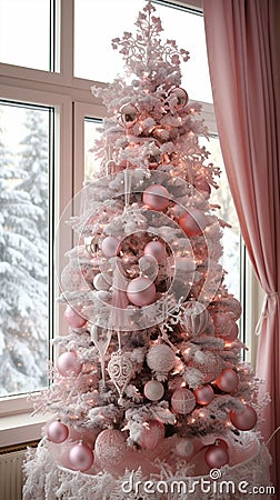 A pink christmas tree all decorated front of a cabin covered in snow, AI Stock Photo