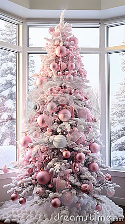 A pink christmas tree all decorated front of a cabin covered in snow, AI Stock Photo