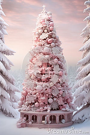 A pink christmas tree all decorated front of a cabin covered in snow, AI Stock Photo