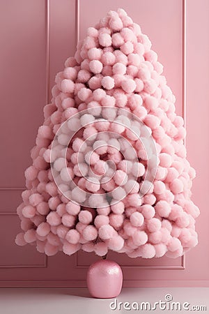 AI generated. Pink Christmas Tree decorated with fluffy toy balls on pink wall Stock Photo