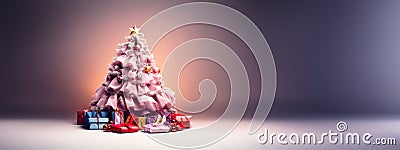 a pink Christmas tree, surrounded by an array of pink clothes, bags and shoes. A pair of golden shoes and a golden star add a Stock Photo