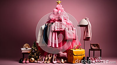 a pink Christmas tree, surrounded by an array of pink clothes, bags and shoes. A pair of golden shoes and a golden star add a Stock Photo