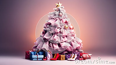 a pink Christmas tree, surrounded by an array of pink clothes, bags and shoes. A pair of golden shoes and a golden star add a Stock Photo