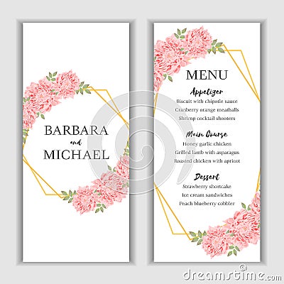 Pink chrysanthemum floral wedding menu card template Stock Photo