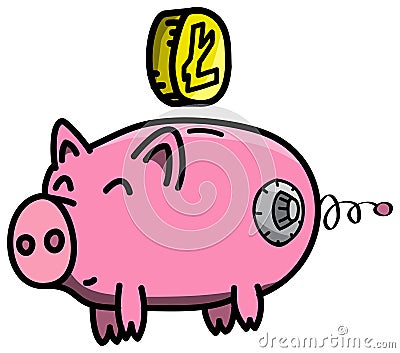 Pink, clean, shiny, happy and fat pig safe in cartoon style with Litecoin virtual cryptocurrency coin Vector Illustration