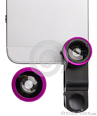 Pink clip lens with cell phone isolated Stock Photo