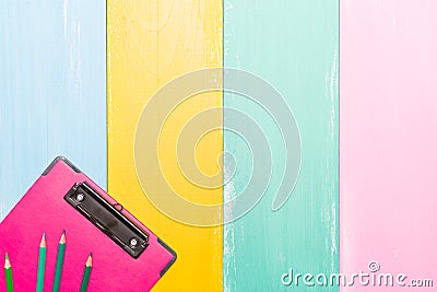 Pink clipboard top view on colorful backgrounds with copy space for text Stock Photo