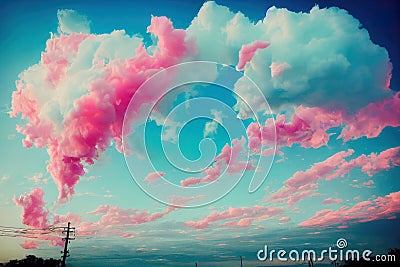 a pink cloud is in the sky above a street light and telephone poles in the foreground Stock Photo