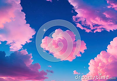 Pink clouds and star blue sky cute aesthetic wallpaper Stock Photo