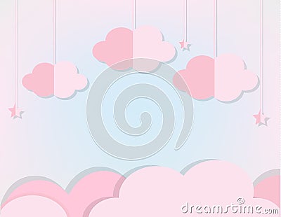 Pink Clouds and stars in soft blue sky. Background in paper cut, paper craft style for baby, kids and nursery design, invitations, Vector Illustration