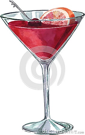 Pink cocktail glass with grapefruit. Hand drawn watercolor illustration. Vector Illustration