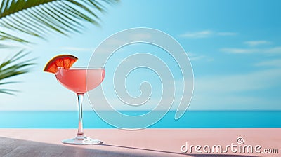 Pink Cocktail on the table of the summer open restaurant on a beach with ocean. Fresh Cocktail. Horizontal format Ai generated Stock Photo