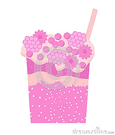Pink cocktail on white background Drink fresh shake juice cocktail. Blueberry, cherry, strawberry, currant beverages in glass. Ve Cartoon Illustration
