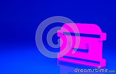 Pink Coffin with christian cross icon isolated on blue background. Happy Halloween party. Minimalism concept. 3d Cartoon Illustration