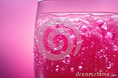 pink Cola with ice. Fresh cold sweet drink with ice cubes. Over red background with copy space, ai generative Stock Photo