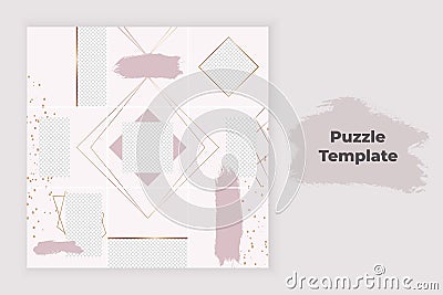 Pink collage puzzle for social media with brush stroke texture, gold lines and confetti. Trendy templates for banner, stories, pos Stock Photo