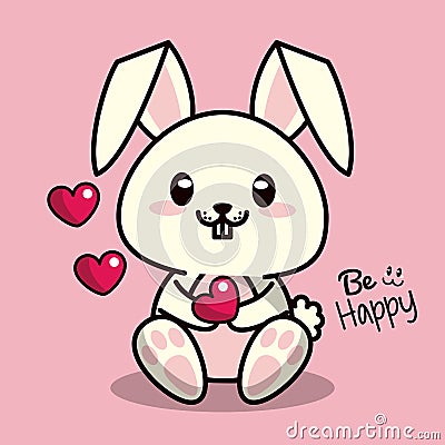Pink color background with cute kawaii animal rabbit with heart in your arms Vector Illustration