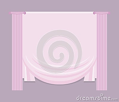 Pink color classic columns and light pale pink canvas fabric curtain in the middle on a gray background vector illustration greek Vector Illustration