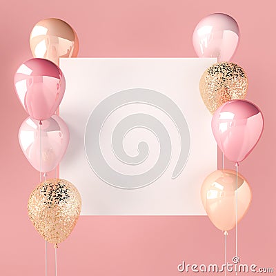 Pink color and golden balloons with sequins and white sticker. Pink background for social media. 3D render for birthday, party, we Cartoon Illustration