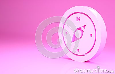 Pink Compass icon isolated on pink background. Windrose navigation symbol. Wind rose sign. Minimalism concept. 3d Cartoon Illustration