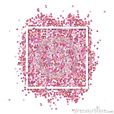 Pink confetti in in white square frame. Romantic Valentines background with text place. Stock Photo