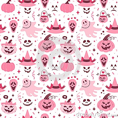 Pink core Halloween seamless pattern. Cartoon pink vector texture. Pumpkin, spirit, hat, pumpkin, Jack lantern, broom Vector Illustration