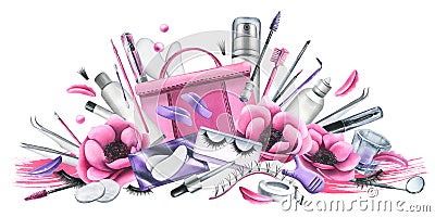 Pink cosmetic bag with beauty master's tools for eyelash extension and lamination, with brushes, silicone rollers Cartoon Illustration