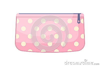 Pink cosmetic bag polka dots ornament with zipper vector flat container for makeup and beauty tools Vector Illustration