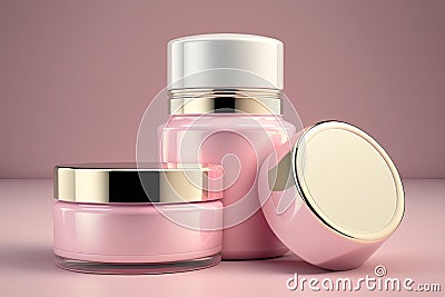 Pink cosmetic jars on a pink background. Generative AI Stock Photo
