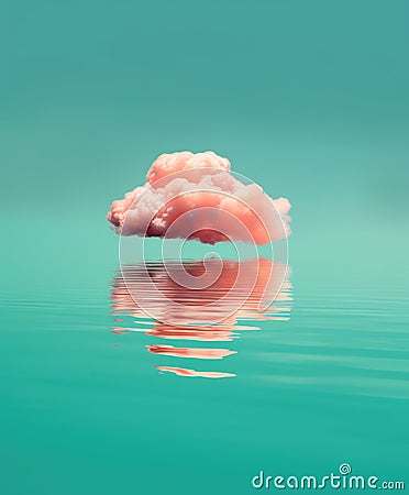 Pink cotton candy cloud hovering over cyan water surface. Stock Photo