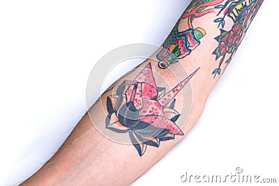 Pink Crane Black Lotus Forearm Tattoo Editorial Stock Photo