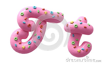 Pink cream with colorful sweets font. Letter T. Cartoon Illustration