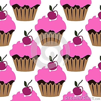 Pink cream cupcake with cherry seamless pattern Vector Illustration