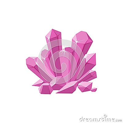 Pink crystals or gemstones with shimmering facets. Prescious crystal druse made of amethyst isolated in white background Vector Illustration