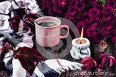 A pink cup of coffee, burgundy asters, autumn grape leaves and a scarf. A gray candle is burning. Stock Photo