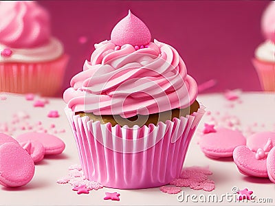 Pink cupcake decorated for a birthday celebration with copious amounts of icing. Stock Photo