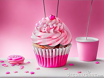 Pink cupcake decorated for a birthday celebration with copious amounts of icing. Stock Photo