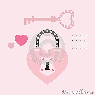 Pink cute cartoon dotted heart shape key and closed lock icons background Vector Illustration