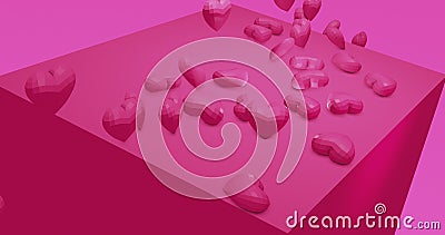 Pink cute falling polygonal hearts. Valentines Day. event background. 3D rendering 3D illustration Cartoon Illustration