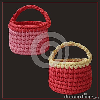 Pink cute knitted baskets for accessories and gifts. Packaging for festive little things, vintage style. Children`s baskets. Fashi Vector Illustration