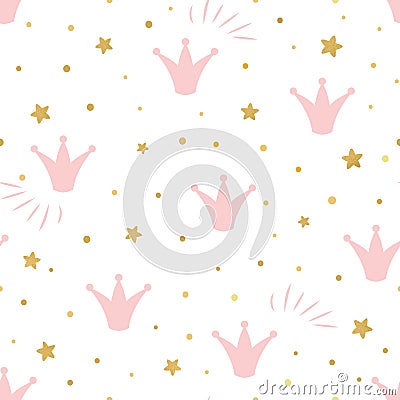 Pink cute princess pattern Seamless background with a pink crown gold stars on a white background vector Vector Illustration