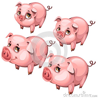 Pink cute shy pig in cartoon style. Vector animal Vector Illustration