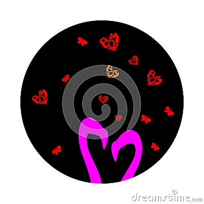 Pink cute two silhouettes flamingos in love is. Vector illustration of cartoon isolated on dark sky. Small Red hearts on Valentine Vector Illustration