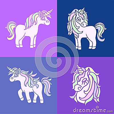 Pink cute unicorn sketch set on the purple background Vector Illustration